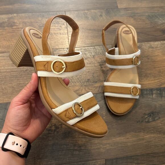 Dr. Scholl’s Tan White Slingback Block Heel Sandals Women’s 8 NWT - Picture 1 of 7